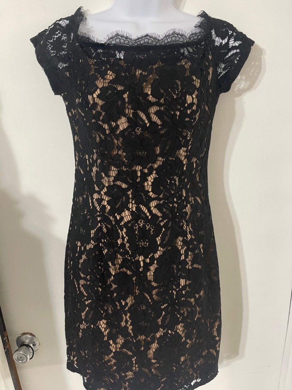 White House Black Market Black Lace Sheath Dress with Nude Slip